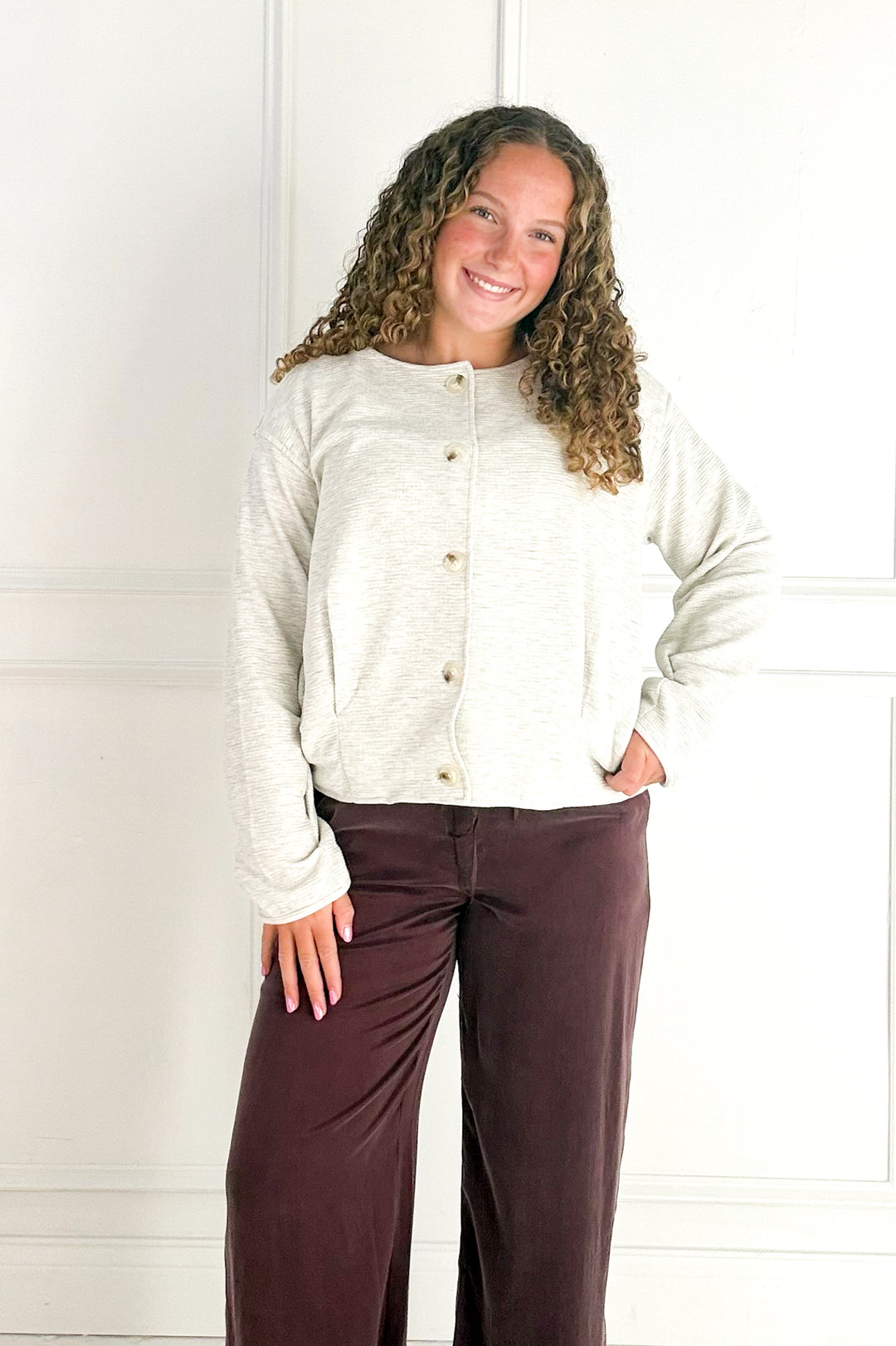Round Neck Long Sleeve Barrel Hem Jacket