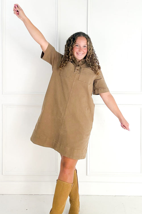 Short Sleeve Stretch Cotton Utility Dress