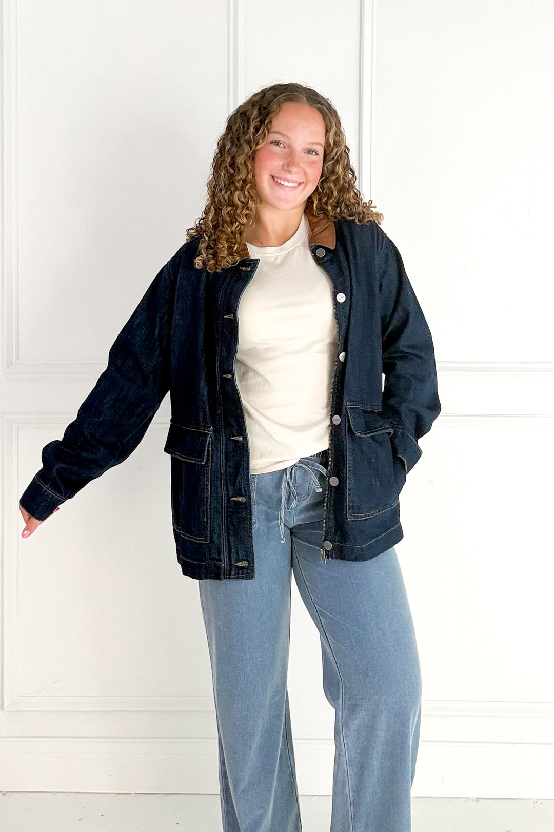 Leather Collar Oversize Denim Jacket