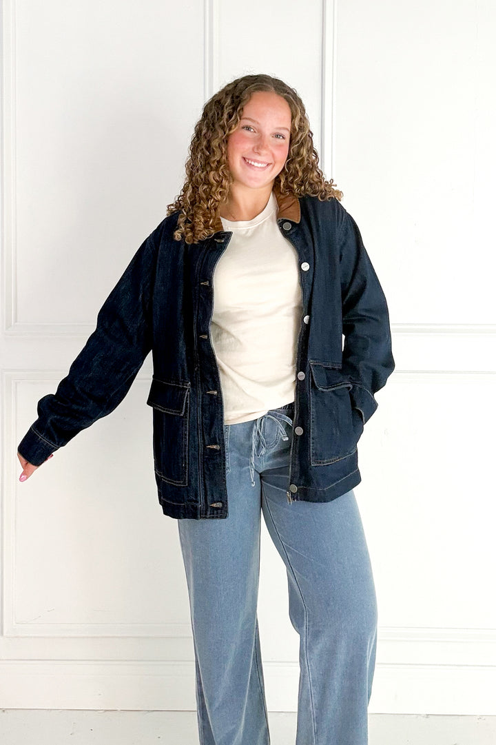 Leather Collar Oversize Denim Jacket