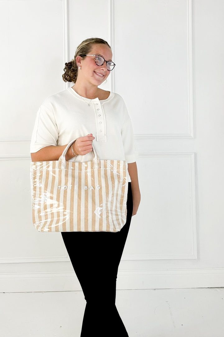 Tan and Beige Striped Tote Bag