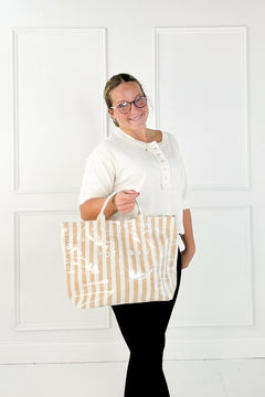 Tan and Beige Striped Tote Bag