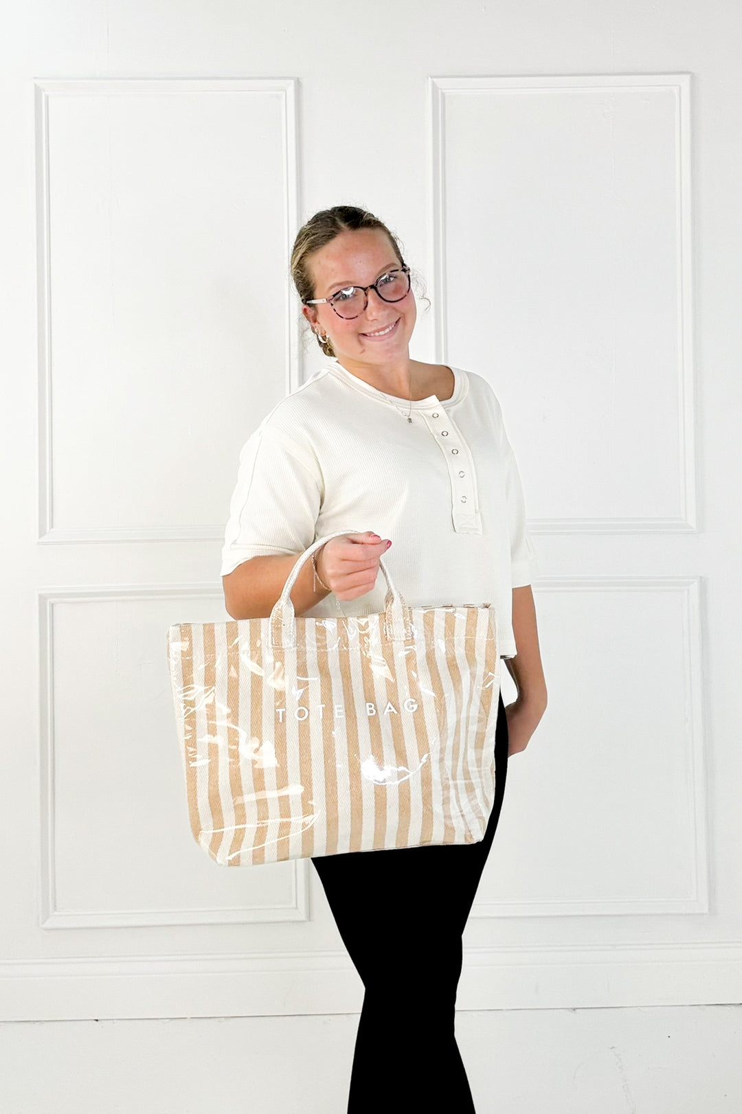 Tan and Beige Striped Tote Bag
