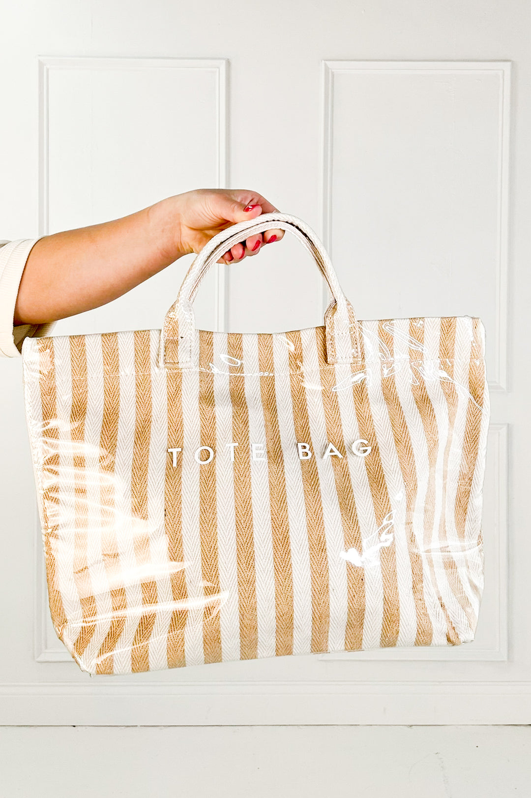Tan and Beige Striped Tote Bag