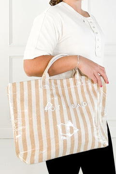 Tan and Beige Striped Tote Bag