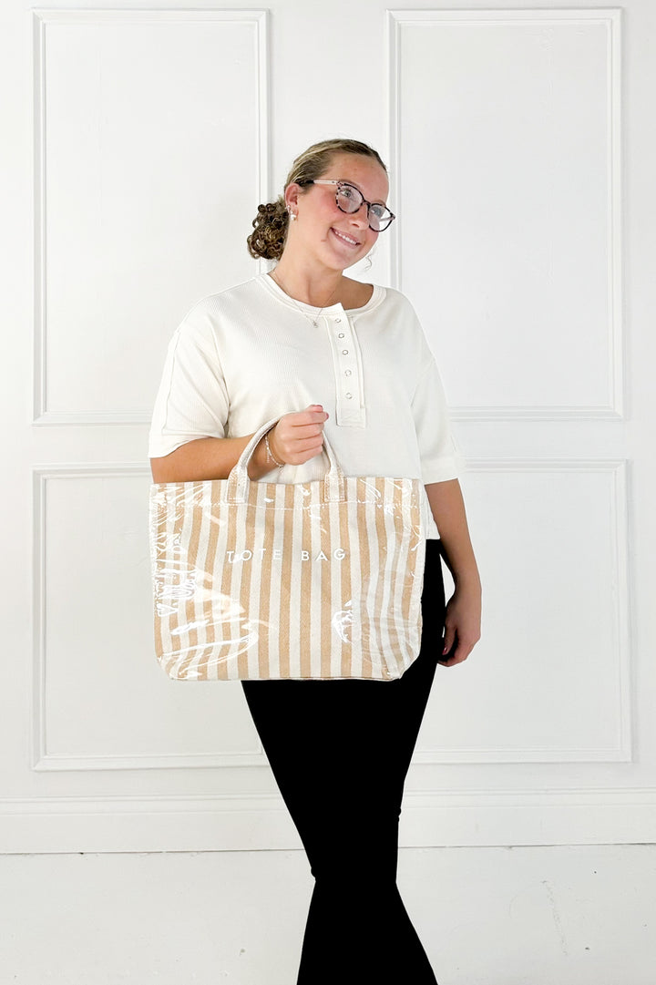 Tan and Beige Striped Tote Bag