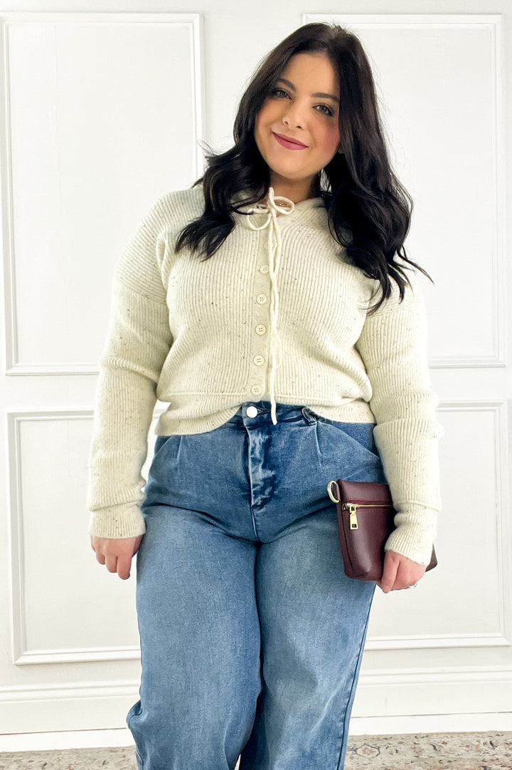 Ribbed Cuff Button Up Hoodie Sweater