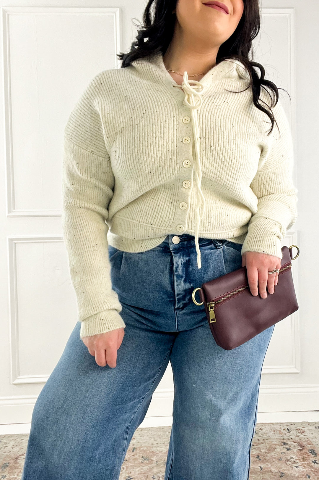 Ribbed Cuff Button Up Hoodie Sweater