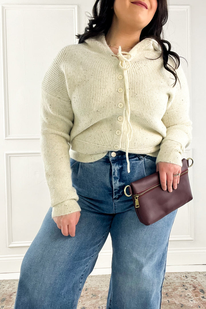 Ribbed Cuff Button Up Hoodie Sweater