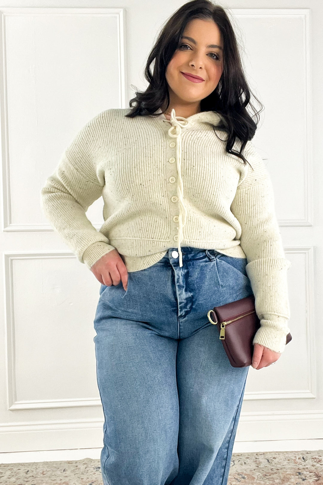 Ribbed Cuff Button Up Hoodie Sweater