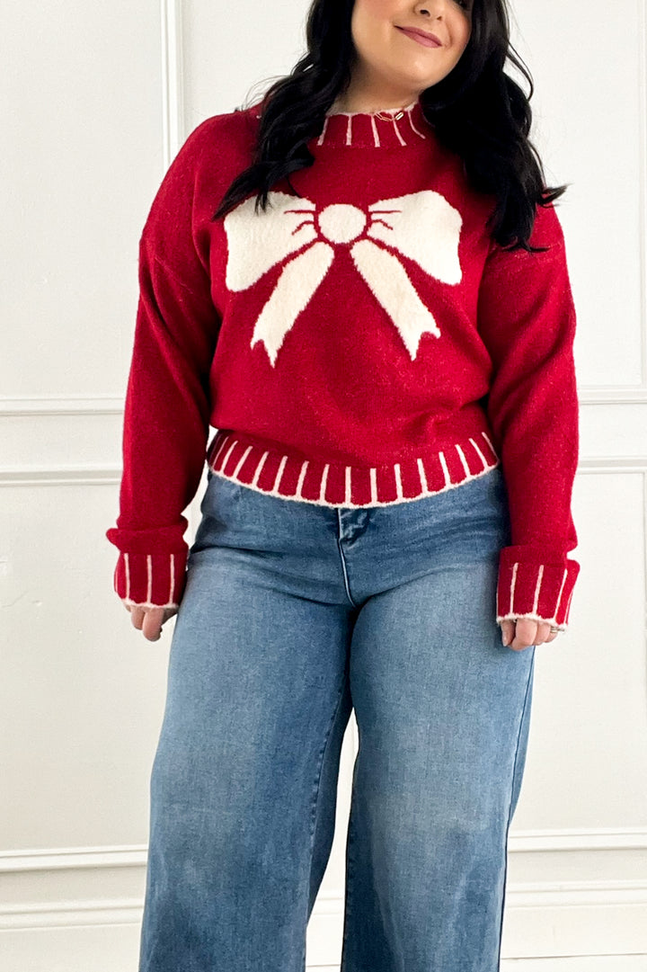 Big Textured Bow Red Sweater