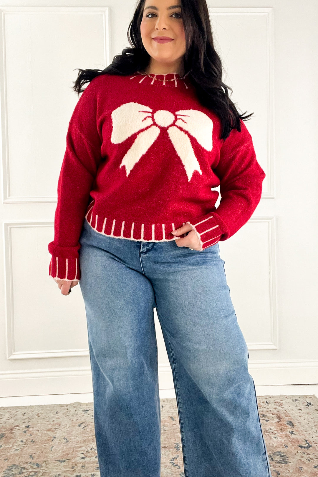 Big Textured Bow Red Sweater