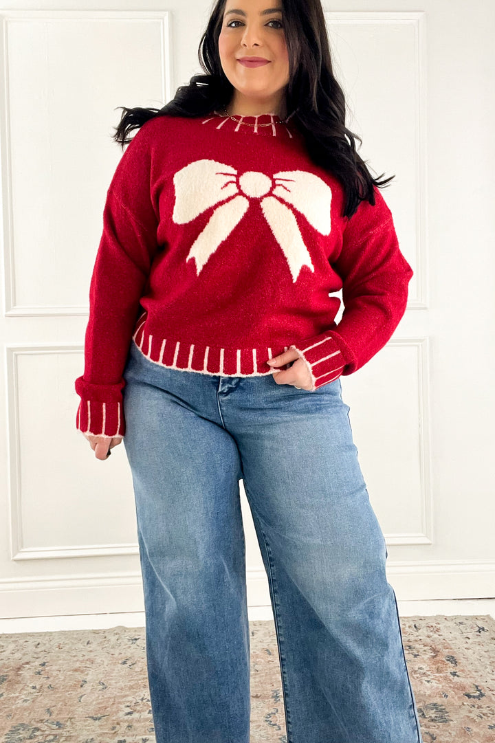 Big Textured Bow Red Sweater