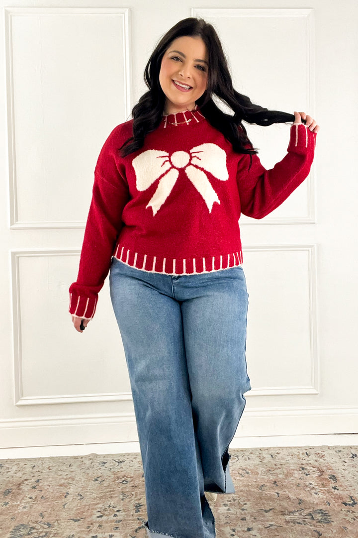 Big Textured Bow Red Sweater