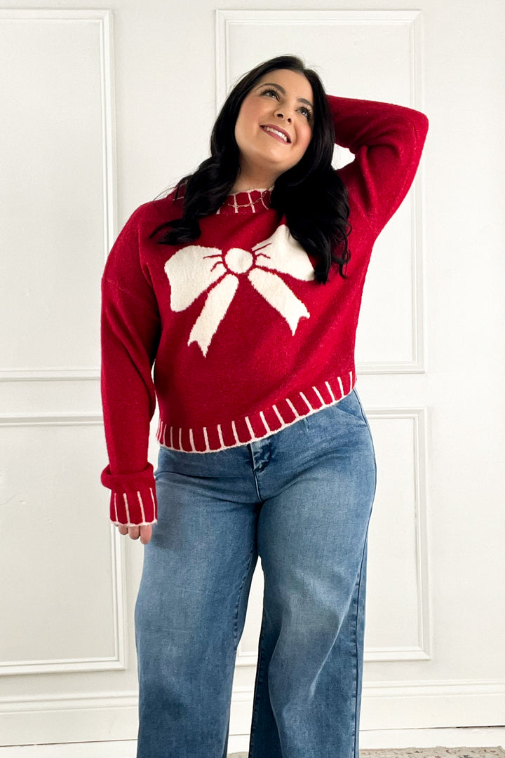 Big Textured Bow Red Sweater