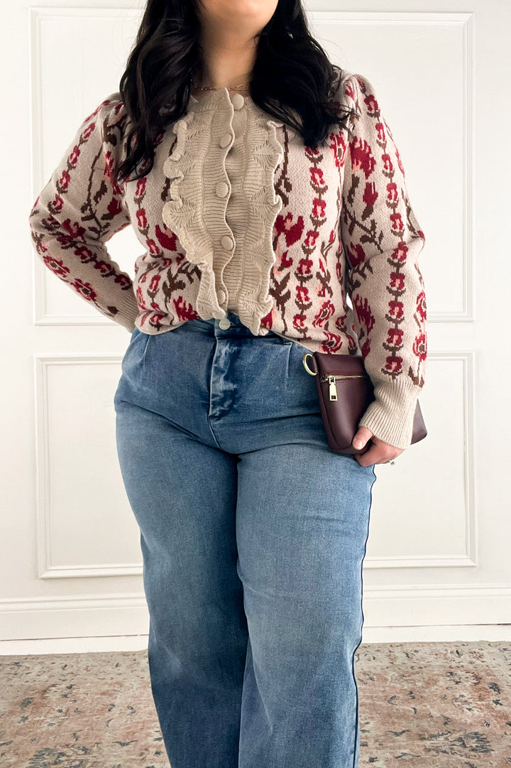 Vertical Floral Puff Sleeve Knit Cardigan