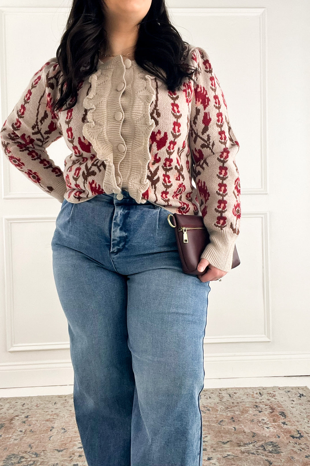 Vertical Floral Puff Sleeve Knit Cardigan