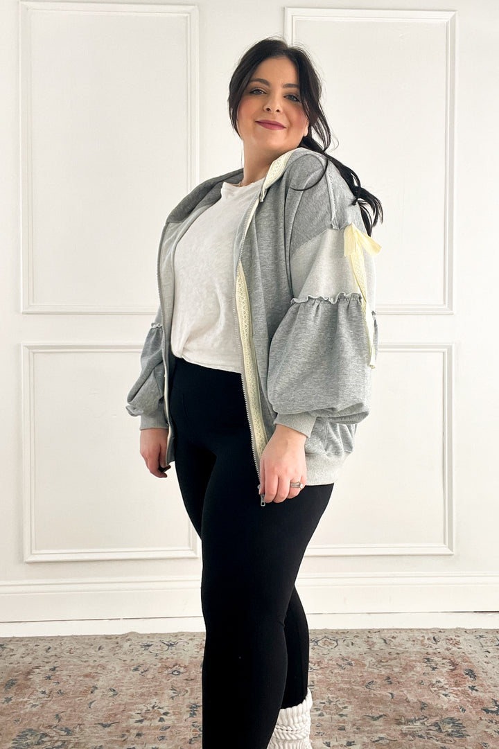 Balloon Sleeve Lace Trimmed Zipper Front Hoodie