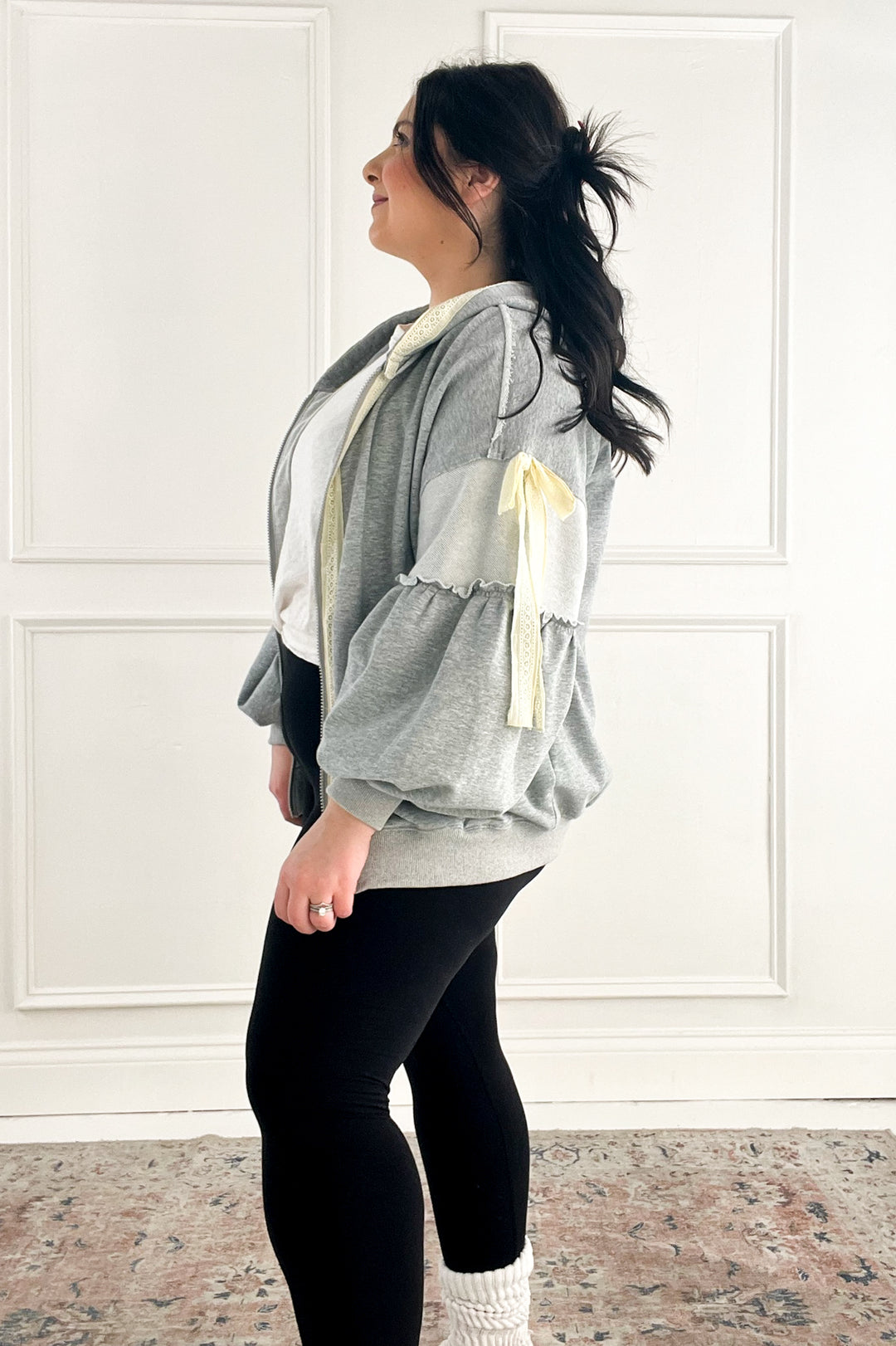 Balloon Sleeve Lace Trimmed Zipper Front Hoodie