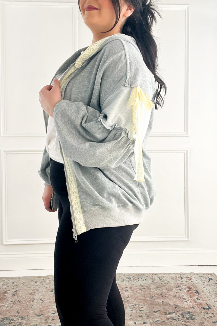 Balloon Sleeve Lace Trimmed Zipper Front Hoodie