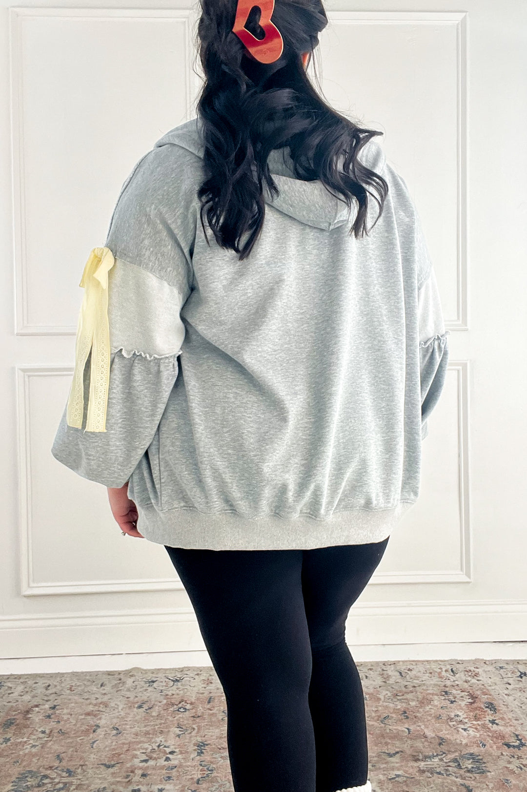 Balloon Sleeve Lace Trimmed Zipper Front Hoodie