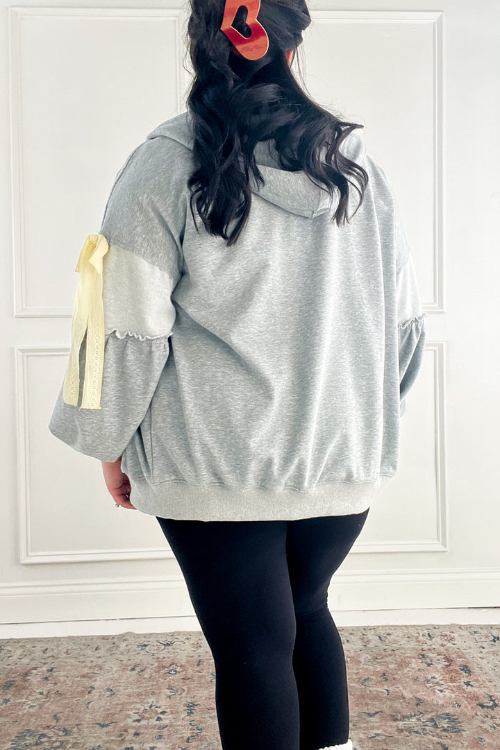 Balloon Sleeve Lace Trimmed Zipper Front Hoodie