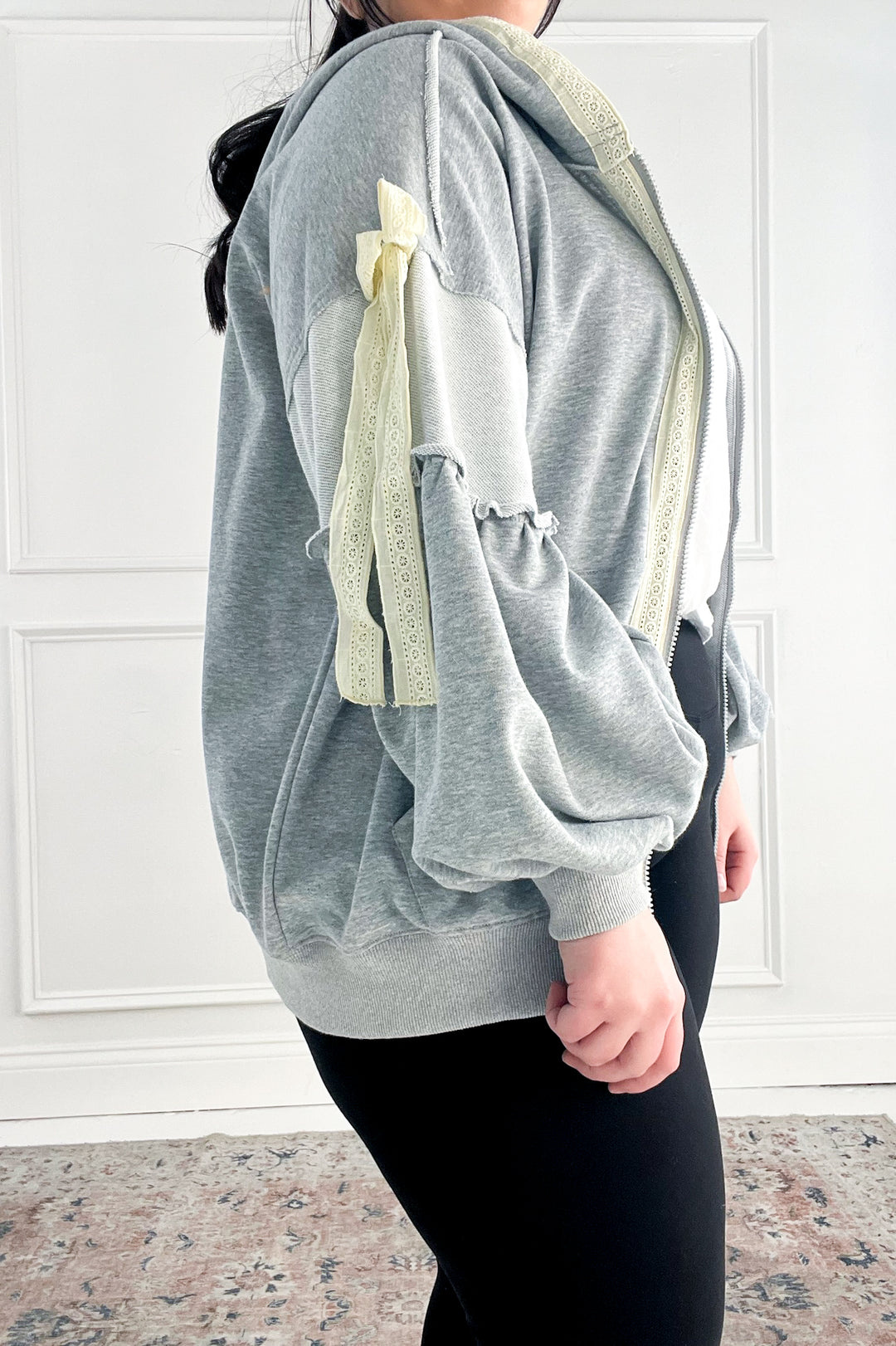 Balloon Sleeve Lace Trimmed Zipper Front Hoodie