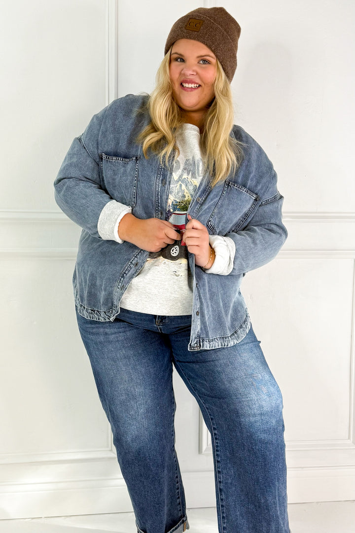 Washed Chambray Button Down Curvy Top