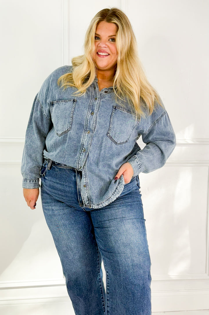 Washed Chambray Button Down Curvy Top
