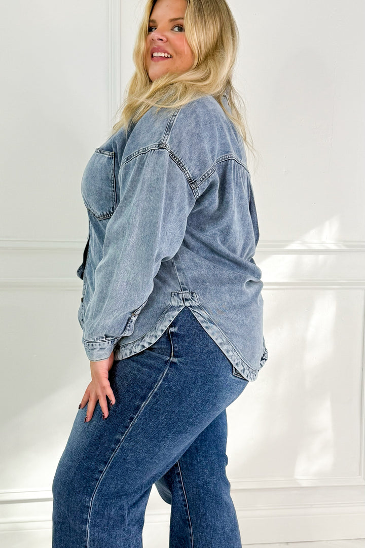 Washed Chambray Button Down Curvy Top