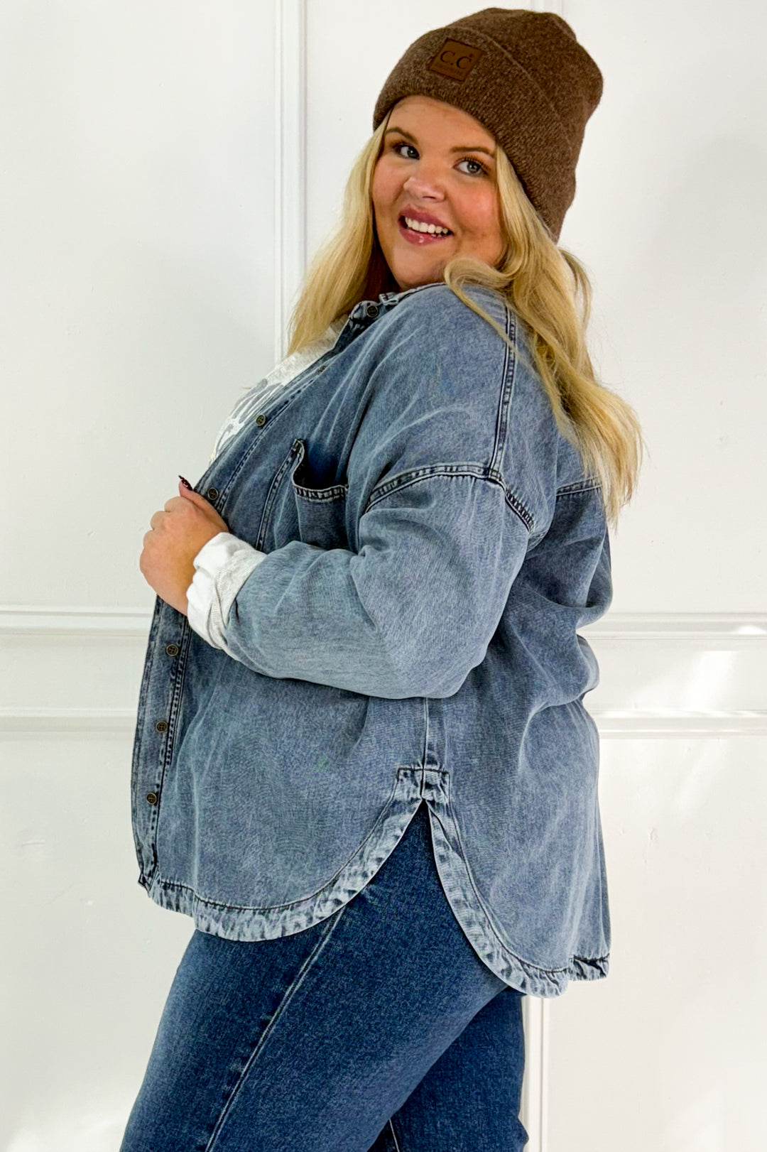 Washed Chambray Button Down Curvy Top