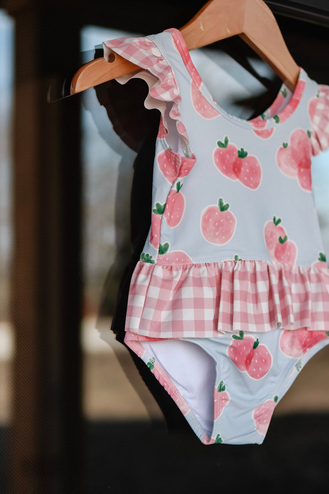 Kids Strawberry Patch Plaid Swimsuit 1pc