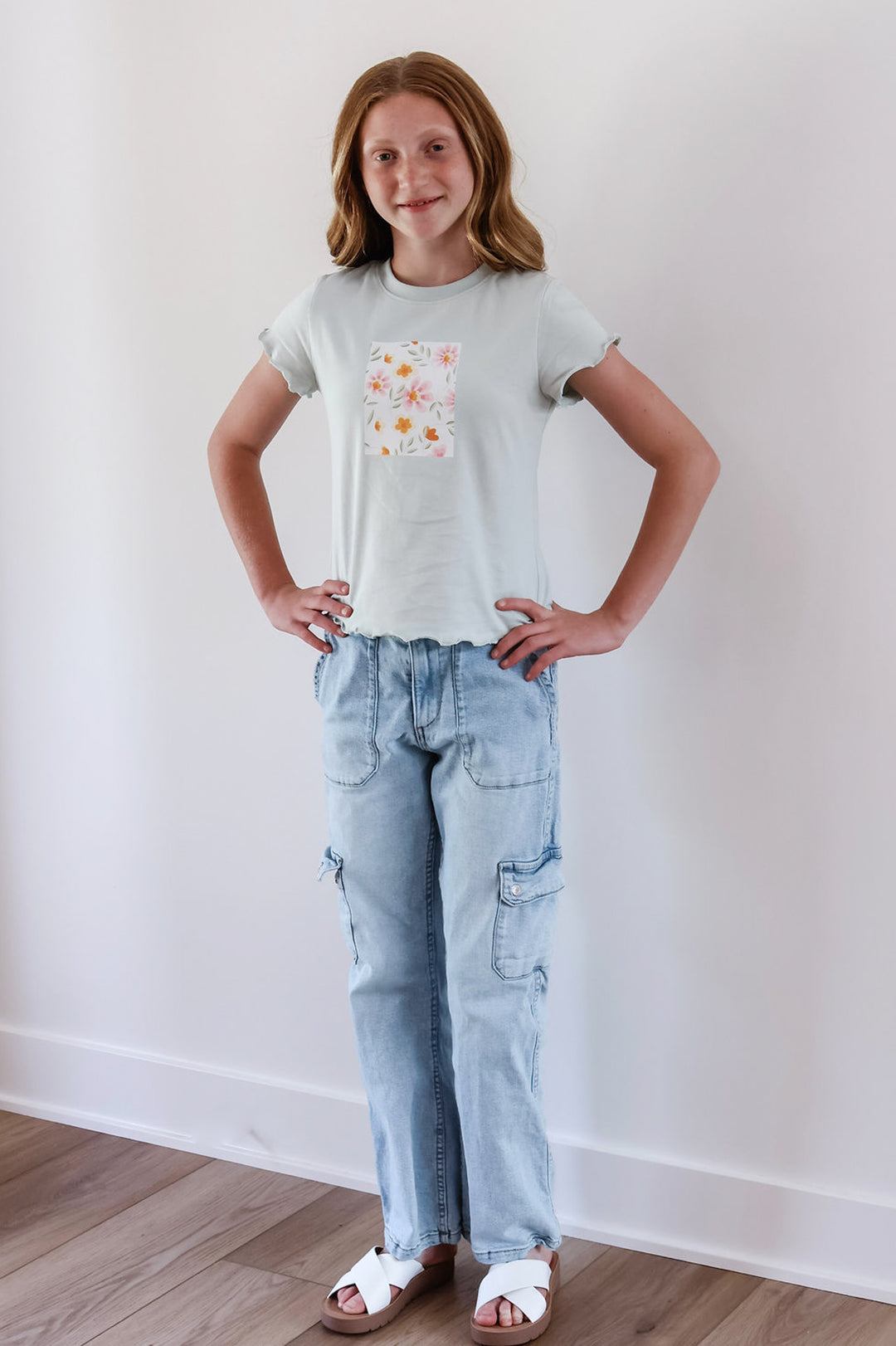 Mint To Be Tween Floral Ruffle Detail Graphic Tee