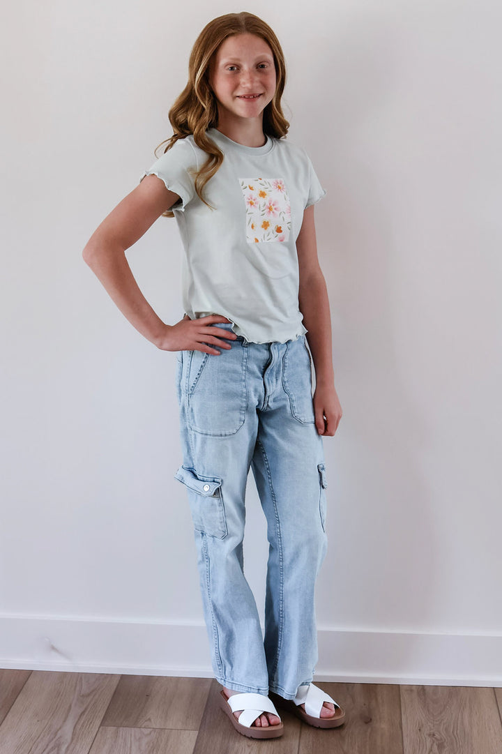 Mint To Be Tween Floral Ruffle Detail Graphic Tee
