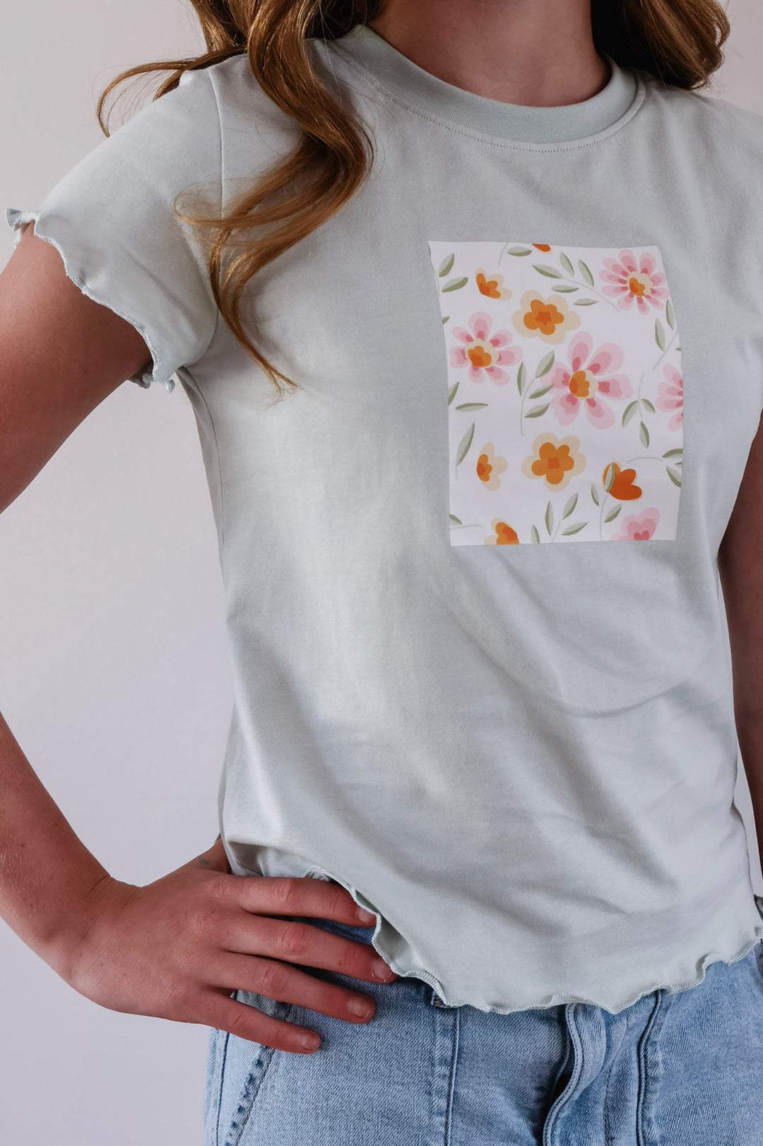 Mint To Be Tween Floral Ruffle Detail Graphic Tee