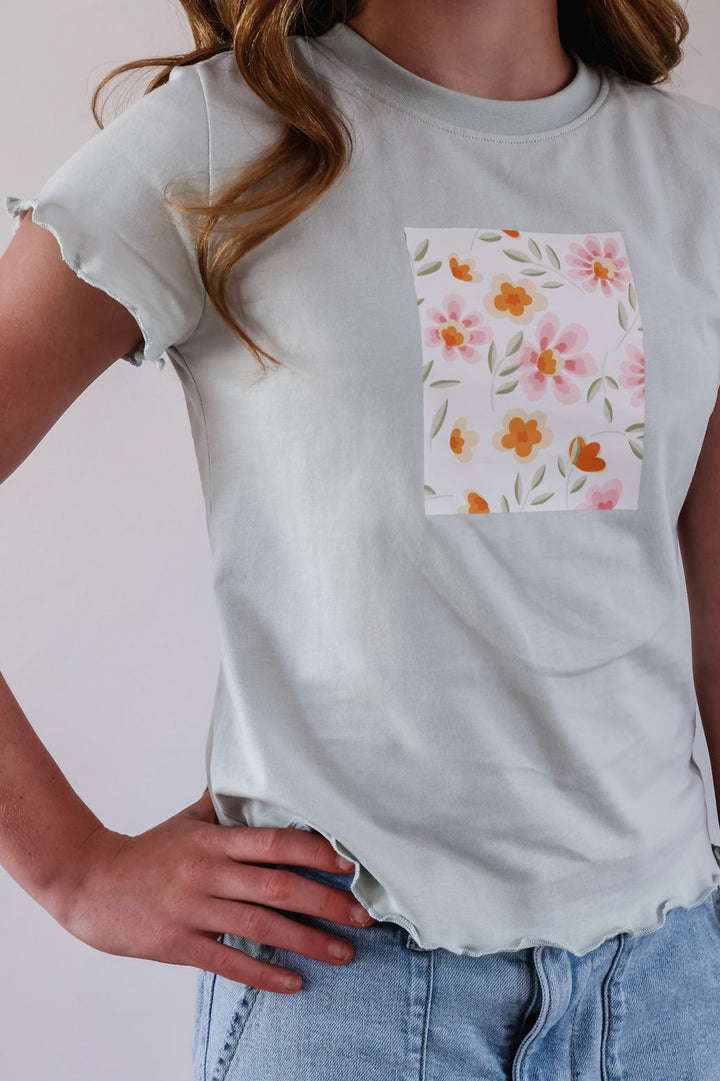 Mint To Be Tween Floral Ruffle Detail Graphic Tee