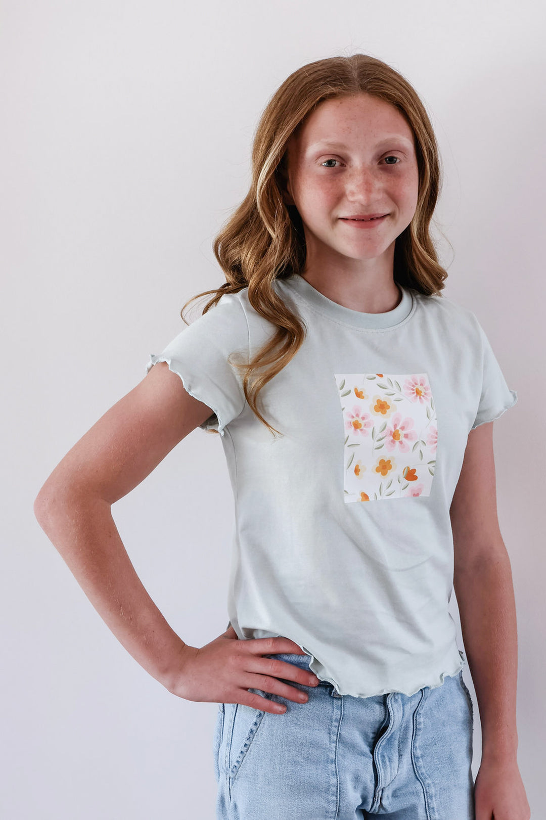 Mint To Be Tween Floral Ruffle Detail Graphic Tee