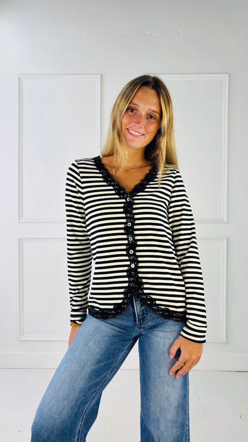 Lace Trimmed Brush Rib Knit Cardigan