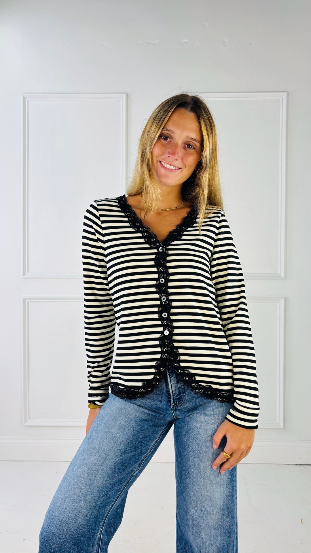Lace Trimmed Brush Rib Knit Cardigan