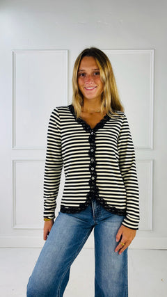 Lace Trimmed Brush Rib Knit Cardigan