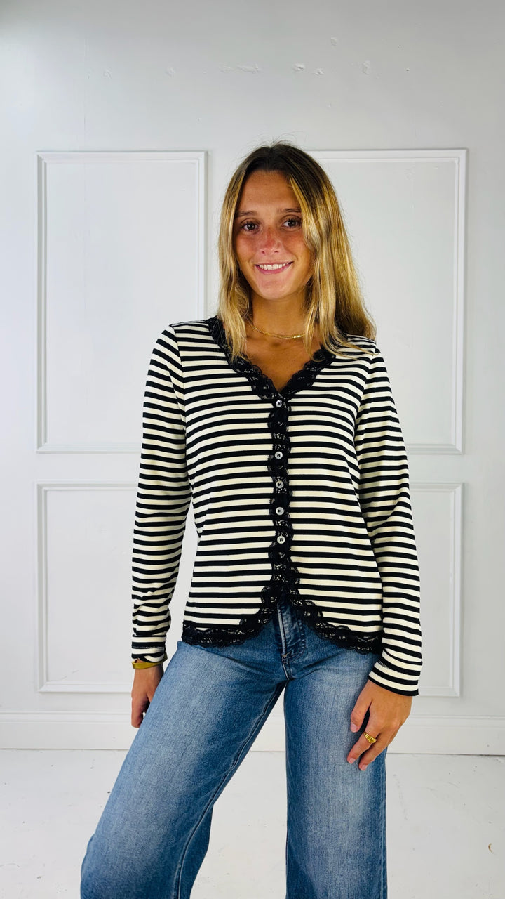 Lace Trimmed Brush Rib Knit Cardigan