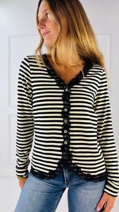 Lace Trimmed Brush Rib Knit Cardigan