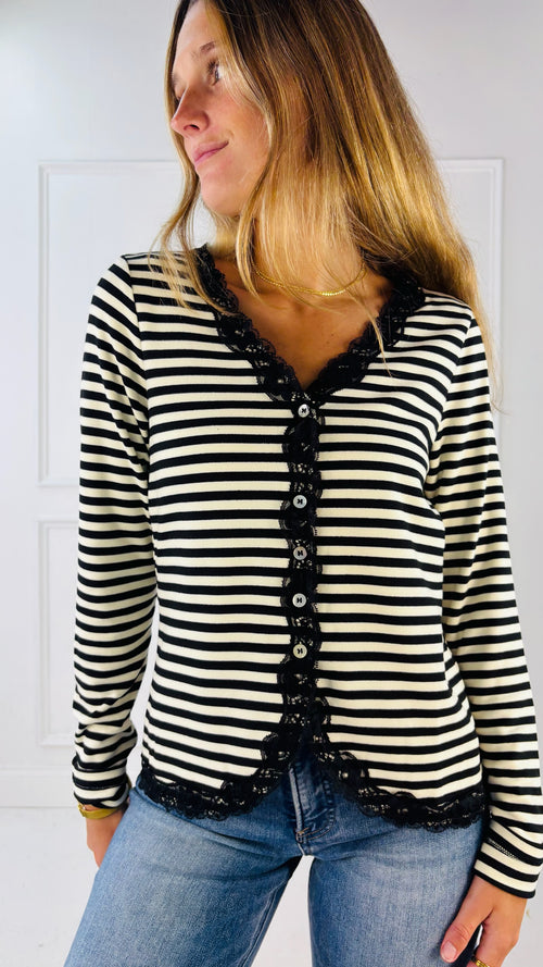 Lace Trimmed Brush Rib Knit Cardigan