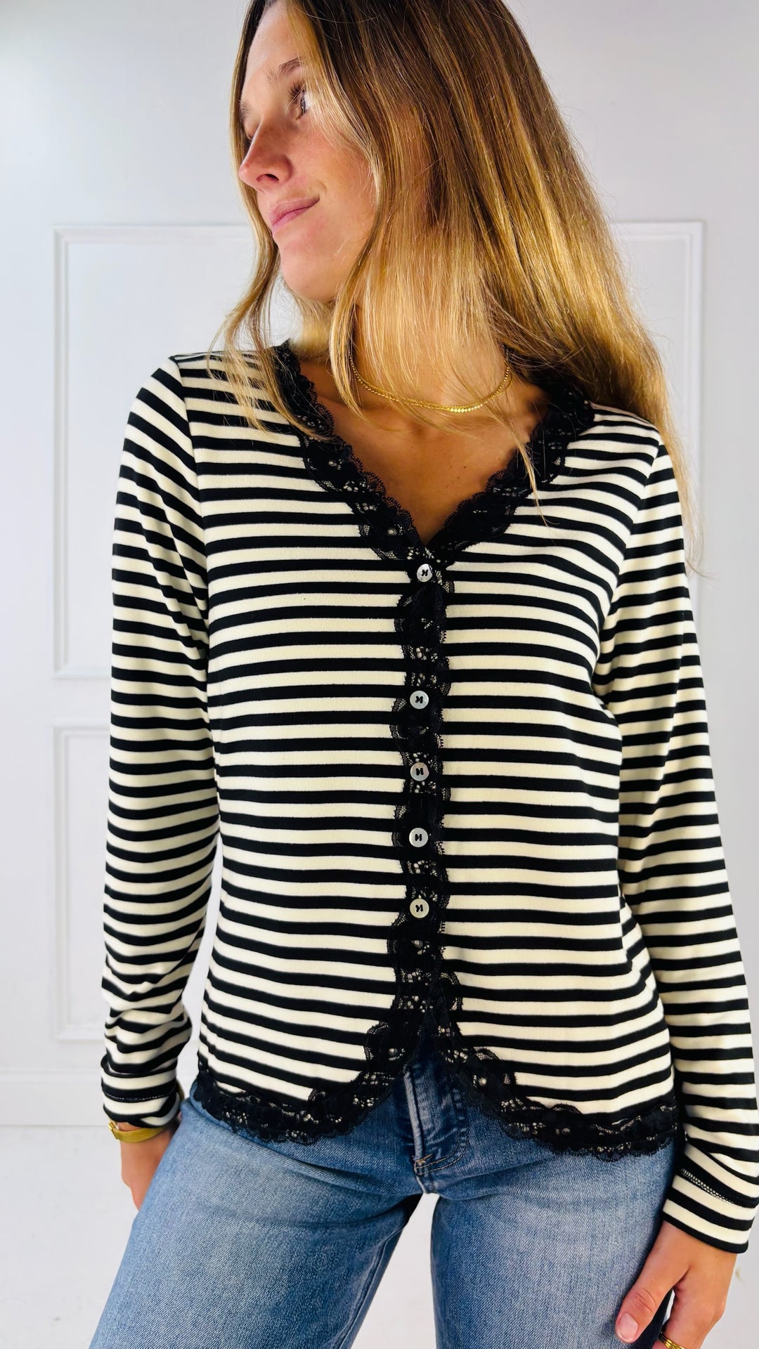 Lace Trimmed Brush Rib Knit Cardigan
