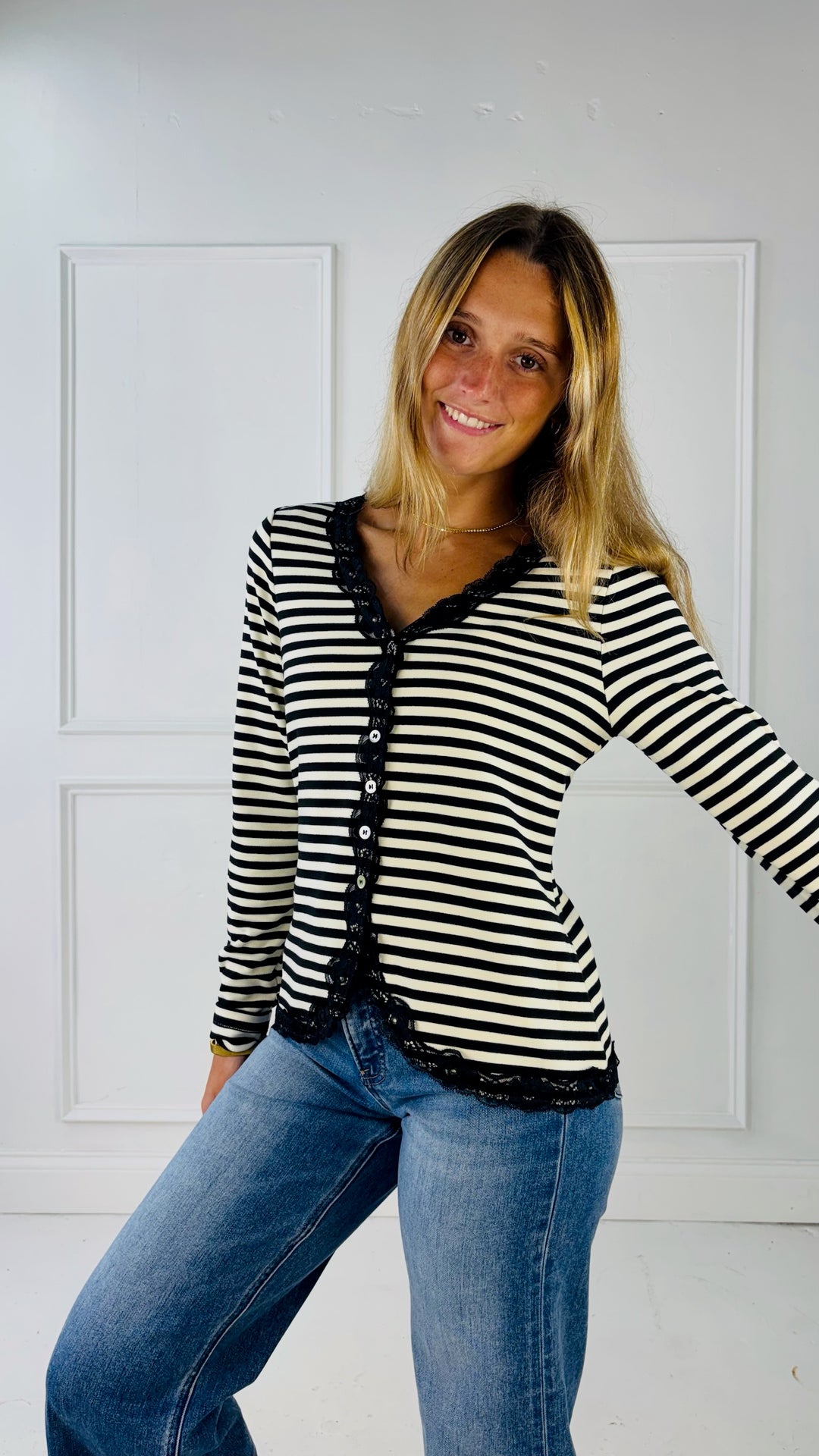 Lace Trimmed Brush Rib Knit Cardigan