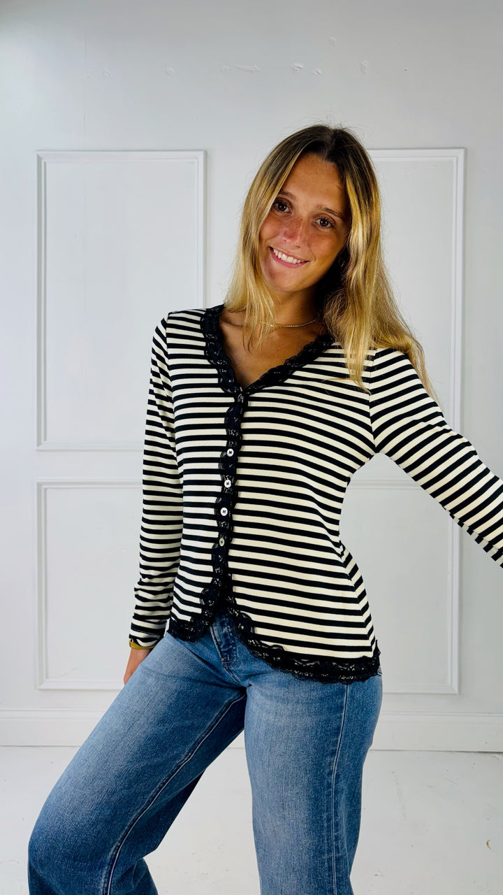 Lace Trimmed Brush Rib Knit Cardigan
