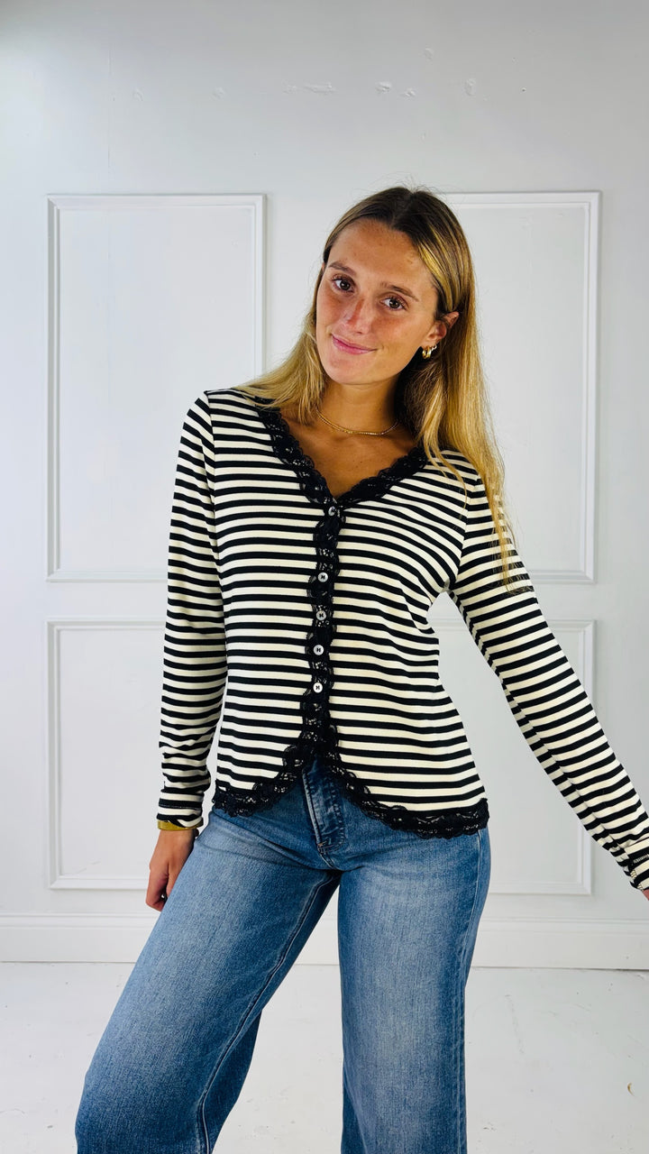 Lace Trimmed Brush Rib Knit Cardigan