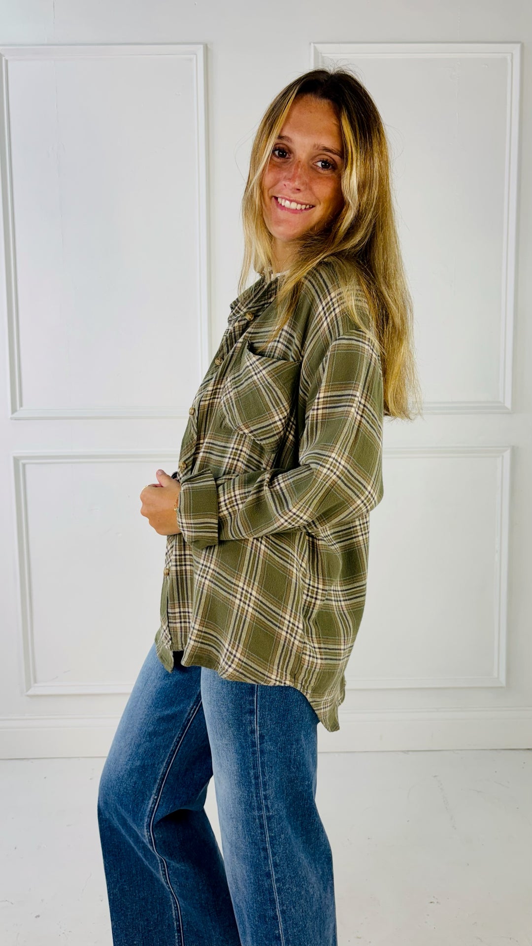 Olive Plaid Flannel Shirt