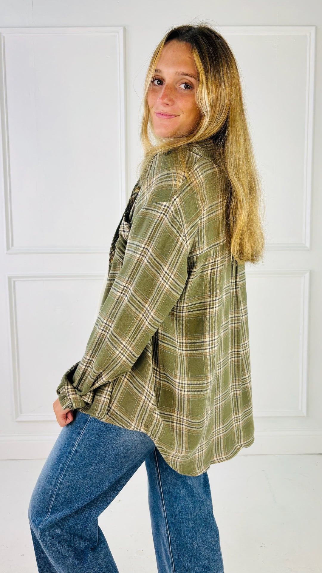 Olive Plaid Flannel Shirt