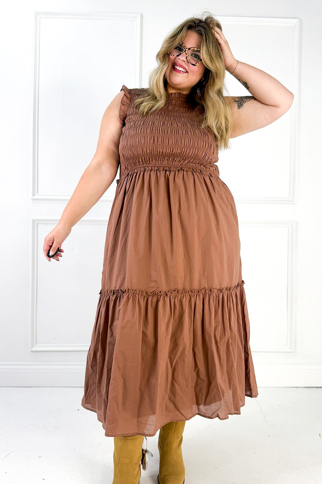 Ruffled Ruffled Neck Smocked Dress